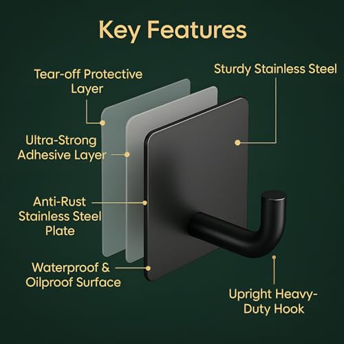 Image of DALUCI Self Adhesive Hooks for Wall Heavy Items - Metal Wall Hooks for Hanging Clothes, Towels & Keys - Waterproof No Drill Sticky Wall Hanger Hook for Bathroom & Kitchen (J Hook-Black, 2)