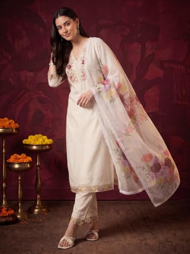 Image of INDO ERA Women's Lavender Silk Blend Embroidered Straight Kurta And Pant With Dupatta Set