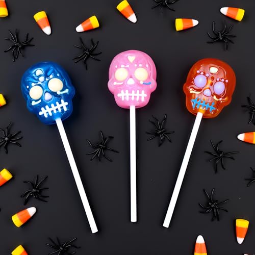 Halloween Sugar Skull Lollipops Candy, 24 Pack, Dia De Los Muertos, Strawberry, Orange, and Blue Raspberry Suckers