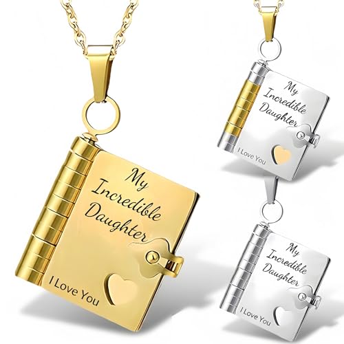 LIUBAI My Incredible Daughter Book Necklace for Daughter Gifts from Mom Dad Necklaces for Women Openable with 6 Pages of Engraved Information Birthday Day Gift Graduation Jewelry for Love (C Gold)