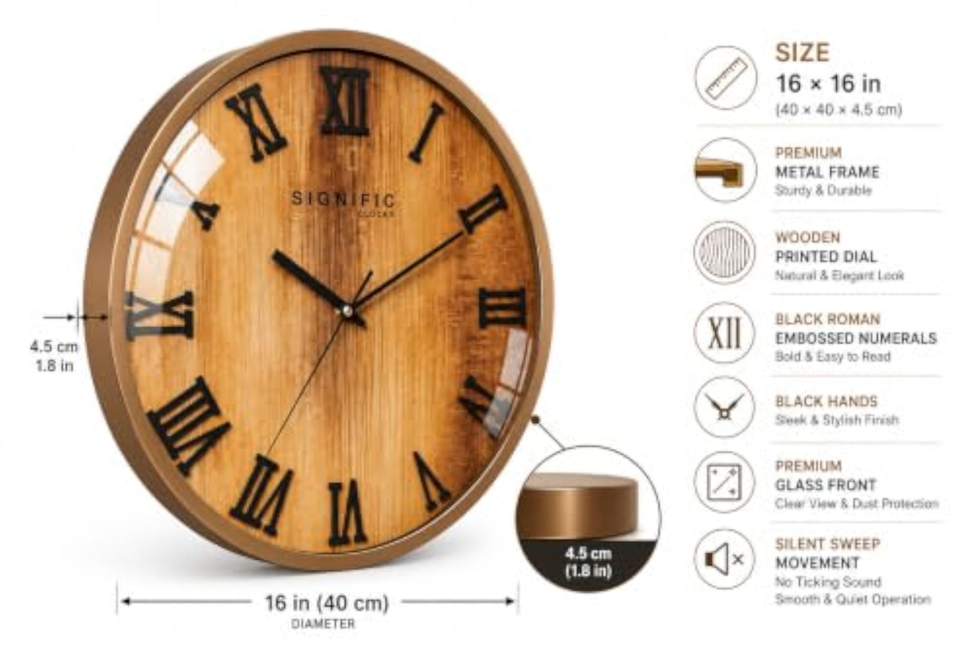 16-Inch Premium Wooden Wall Clock with Metal Frame