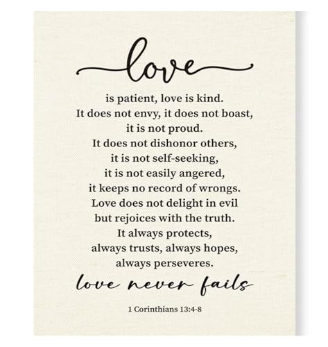 Lienzo Love Never Fails enmarcado de 20x30 cm, el regalo cristiano ideal para bodas