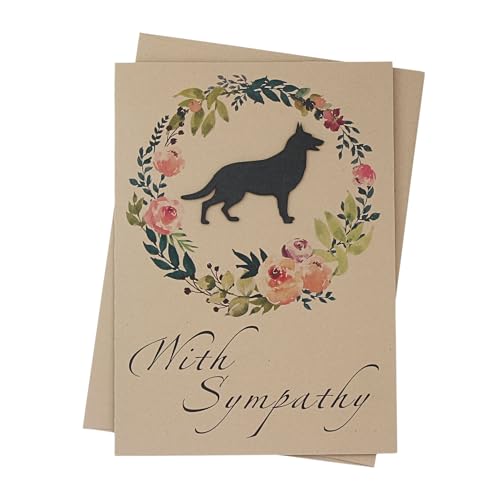 German Shepherd Floral Wreath Sympathy Card | Handmade 5x7 Pet Condolences Greeting | Dog Silhouette kraft brown Base Card