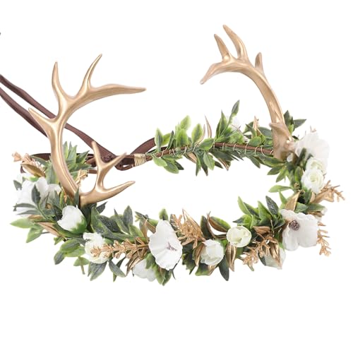 KorViSHOW Gold Green Antlers Crown Fairy Woodland Elf White Flower Headband with Deer Horns Fantasy Renaissance Elven Floral Headpiece for Women Renfaire Outfit Halloween Costume Cosplay Accessories