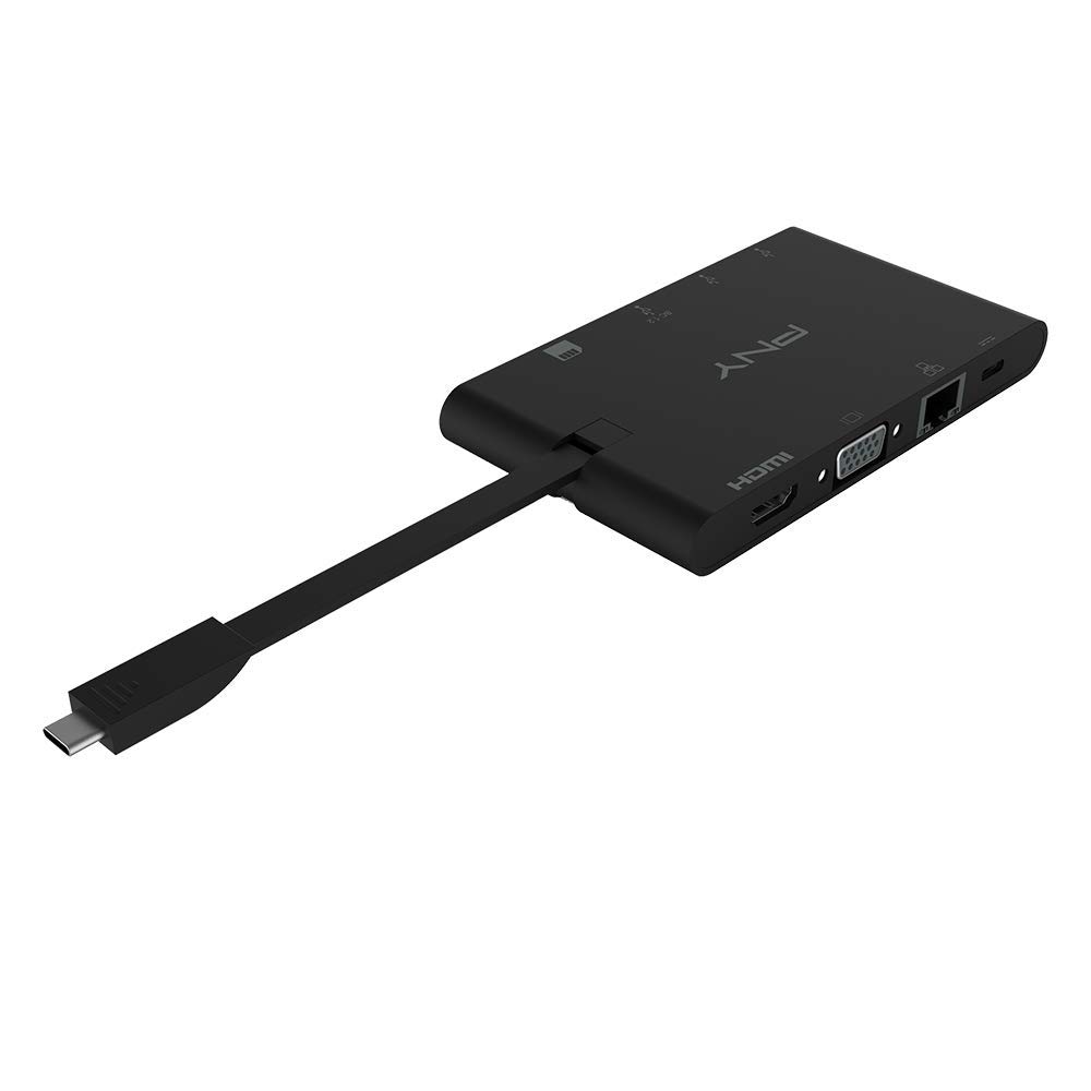 PNY 9 w 1 Mini Przenośny Hub Zasilający USB-C z Wbudowanym Kablem dla Urządzeń Kompatybilnych - 2 Porty USB-C, 2 Porty USB-A 3.1, HDMI, VGA, Gniazda SD/microSD