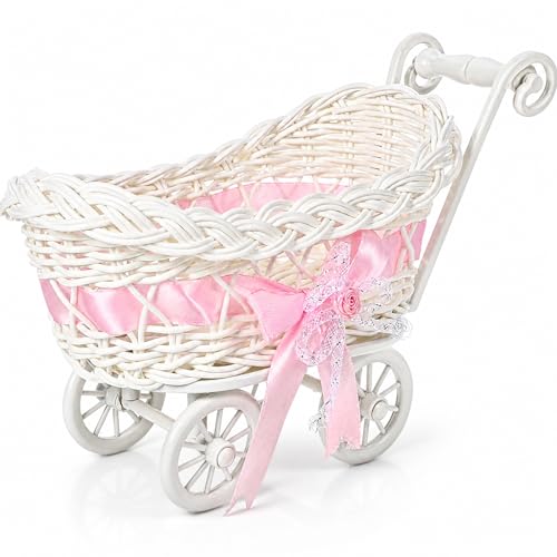 POPETPOP Wicker Baby Carriage- Rattan Baby Doll Basket with Stroller