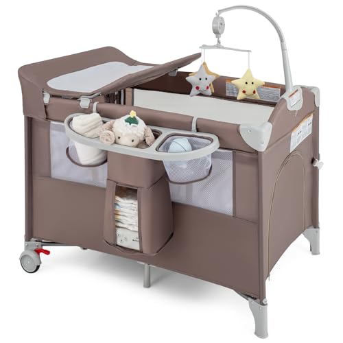 Image of BABY JOY 5-in-1 Pack and Play, Portable Baby Bedside Sleeper with Bassinet, U-Shaped Diaper Changer, Safety Strap, Side Zipper Entrance, Bedside Crib Playard from Newborn to Toddlers (Coffee)