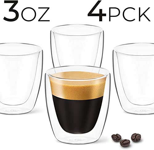 Dlux Espresso Coffee Cups 3Oz, Double Wall, Clear Glass Set Of 4 Glasses, Insulated Borosilicate Glassware Tea Cup #TOP1