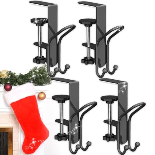 ZFFAFUR 4PCS Mantle Hanger Hook for Garland, Adjustable Heavy Duty Garland Hanger and Stocking Mantel Holders，No Drill Garland Fireplace Stocking Hanger, for Home Christmas Decoration (Black