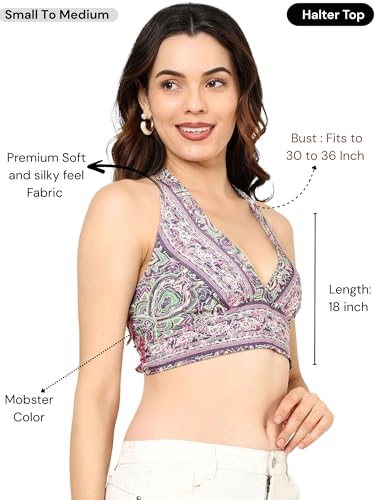 Image of KE KANHA EXPORTS Halter Neck Wrap Top|top for Women|Backless Tops for Women|Halter Neck Tops|Adjustable wrap Waist|Boho Beach Border Print|Easily fits S-M|Bust30-36Inch|LengthUpTo 18Inch