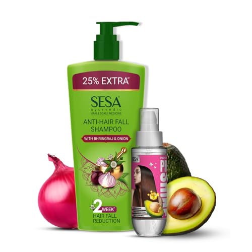 Image of SESA Ayurvedic Anti Hairfall Shampoo and Pro Shine Hair Serum Combo For Dry And Frizzy Hair Reduces Hairfall Made With 6 Ayurvedic Herbs Paraben Free Shampoo - 500ml + 100ml