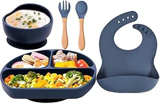 FILOWA Weaning Set for Baby,Feeding Set Silicone with Suction Plate Bowl and Spoon Fork Bibs Cutlery Set for Babies,5 in 1 Soft Easy Wipe Clean Tableware Sets BPA Free for Kids & Toddler Boys,Blue