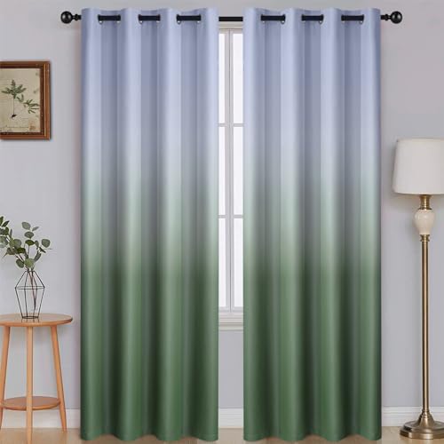 Image of SimpleHome Ombre Gradient Sage Green White to Gray Curtains Bedroom 52Wx84L | Room Darkening Curtains,Light Blocking Thermal Insulated Grommet Window Curtains for Living Room,2 Panels,84 Inches Length