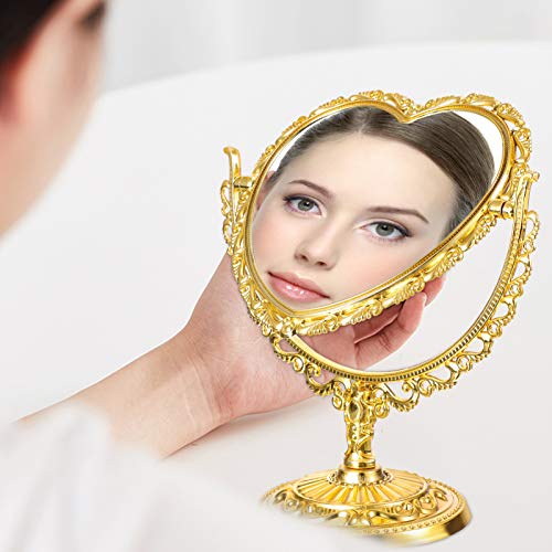 Lurrose Heart Shaped Mirror Heart Mirror Kawaii Mirror Tabletop Vanity Mirror Double Sided Magnifying Makeup Mirror With 360 Degree Rotation (Golden) #TOP4