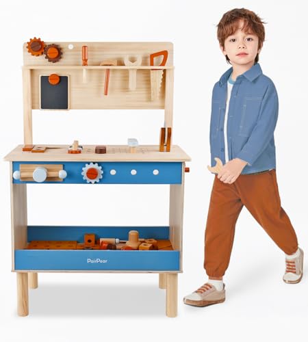 image for PairPear Kids Tool Bench,Wooden Toys Child Workbench with Toy Hammer a