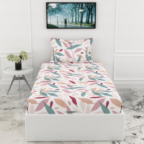 Image of LORETO - A QUALITY LINEN BRAND 210 TC 100% Pure Cotton Single Fitted Bedsheet with 1 Pillow Cover for 78 x 36 Inch Mattress, All-Around Elastic, 8 Inch Deep Pocket, Pink Leaf Whisper