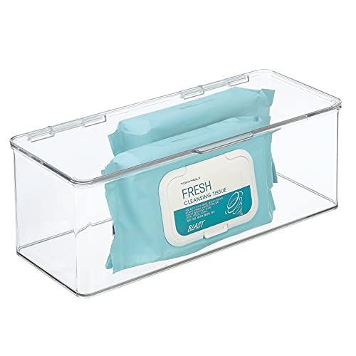 mDesign Plastic Stackable Storage Container Bin Box, Hinged Lid - Bathroom Cabinet Organizer for Toiletries, Makeup, First Aid, Hair Accessories, Bar Soap, Loofahs, Bath Salts - 4 Pack - Clear - Thumbnail 6