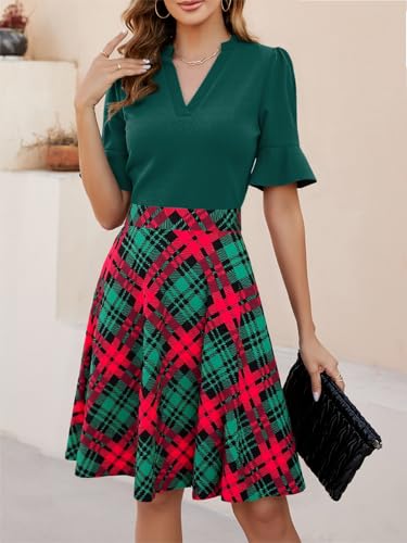 Image of Mokayee Womens Summer V Neck Ruffle Short Sleeve Fit and Flare Knee Length Church Wedding Guest Dresses with Pockets