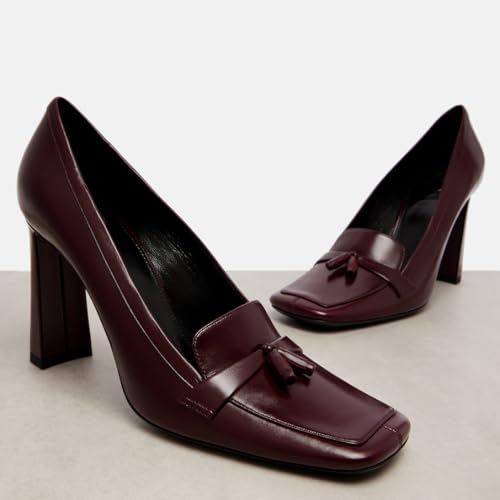 Women's Loafer Heels Square Toe Block Heel Pumps with Tassel Trendy Office Work Business Dressy Shoes4