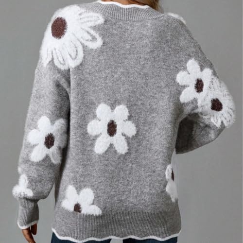 Scallop Trim Flower Sweater, 2025 New Women's Floral Pattern Scallop Trim Sweater, V Neck Loose Floral Sweaters for Women3