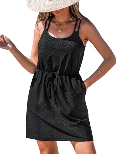 CUPSHE Women Swimsuit Cover Up Sleevess Spaghetti Straps Summer Mini Beach Dress Tie Waist Bathing Suit Coverups for Swimwear
