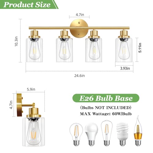 Image of 4-Light Gold Bathroom Light Fixtures, E26 Modern Vanity Lights for Bathroom with Clear Glass Shade, Wall Lamps for Mirror Hallway Kitchen Cabinet Living Room Sconces Lights