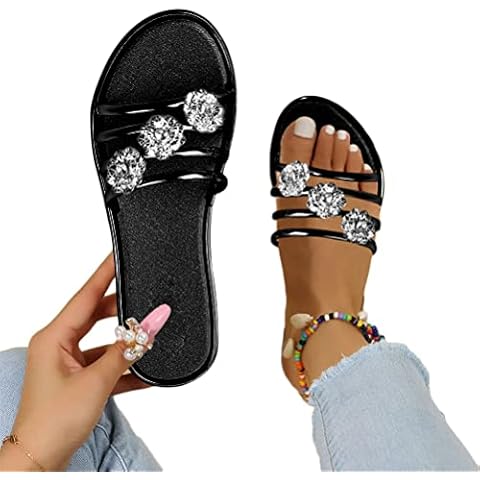 ticticlily Sommer Flip Flops Damen Zehentrenner Strasssteine Sandalen Elegant Pantoletten Bequeme Freizeit Weiche Fußbett B Schwarz 39 EU Cover