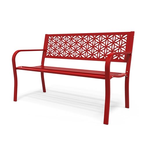 Image of VINGLI 50 inch Outdoor Bench Metal with Floral Back, Garden Bench Front Porch Bench for Yard Patio Entryway Park Outside, 800lb Capacity - Red