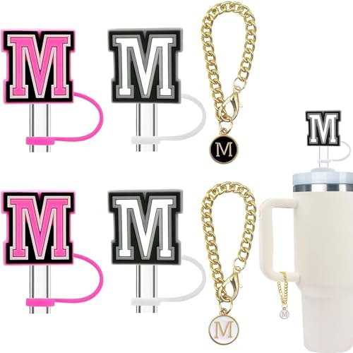 Haundry 4-Pack Straw Cover for Stanley Tumbler, Reusable 10mm Straw Cap Topper with 2 Pcs Initial Letter Charm Accessories for Stanley Cup with Handle, Pink White M