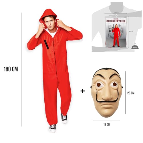Gesamtes Kostüm Haus des Geldes | Komplettset Serie Haus des Geldes | Rote Kombi mit Kapuze(170-180cm) + Originale Dali Maske | Einbrecher | OriginalCup