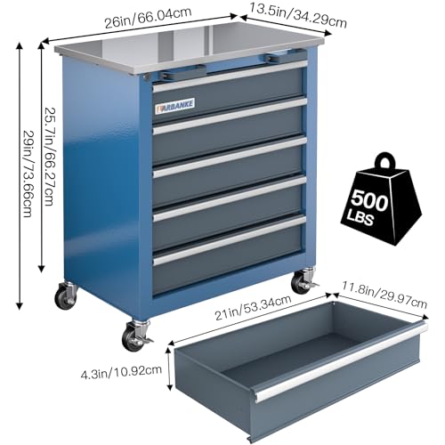 Image of LARBANKE 5-Drawer Tool Chest, Rolling Tool Chest with Wheels, Foot Pads&Locking System,Mobile Storage Tool Cabinet with Stainless Steel Top,Connect Units for A Large Workstation for Office,Garage&Home