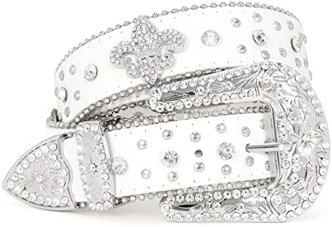 Women Men Rhinestone Belt,Fashion Western Cowgirl Cowboy Bling Studded Design Leather Belt Diamond Belt for Jeans Dress,White,L