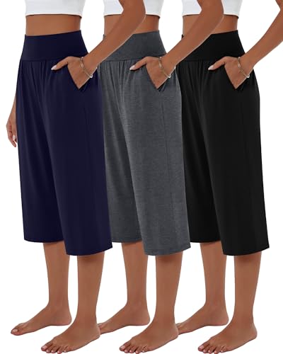 Neer 3 Pack Women Capri Pants, Cotton Wide Leg High Waist Crop Lounge Sweatpants Summer Yoga Casual Workout Pants with Pocket