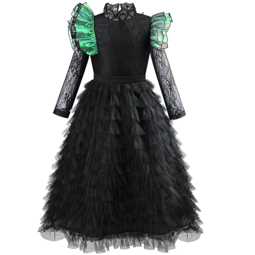 FYMNSI Girl Wicked Evil Witch Elphaba Costume Lace Long Sleeve Tulle Maxi Dresses Cape Cloak Set Halloween Fancy Dress Up Birthday Party Book Movie Themed Role Play Outfit Gothic Gown Black 6-7 Years