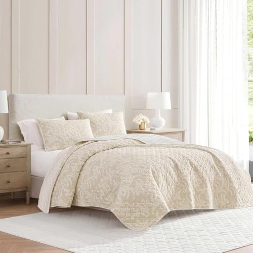Image of Martha Stewart - Twin Quilt Set, 100% Cotton Reversible Bedding Set, Incredibly Soft Feel for Year Round Comfort, 2 Piece Bed Set with Matching Pillowcase (Layered Branches Beige)