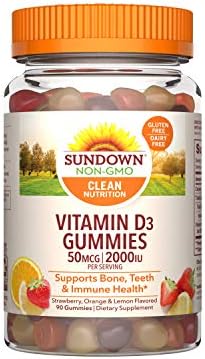 Sundown Vitamin D3 50mcg 2000IU Gummies for Immune Support, Non-GMO, Dairy-Free, Gluten-Free, Naturally Flavored, 90 Count