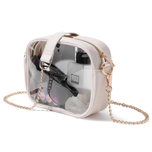 TOBVZOO Clear Purse Crossbody Bag for Women Stadium Approved, Small Leather Clear Bag with Adjustable Strap for Concert Sports Events (Beige - Gold Chain)