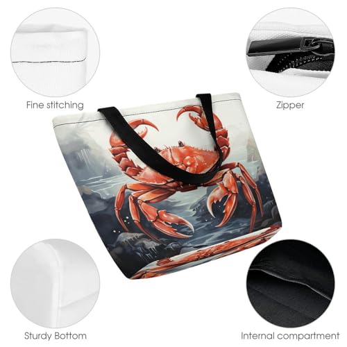Women Tote Bags with Handles Red Crab Sea Shoulder Bag with Zipper Handbags Shopping Bags Travel Bag Beach Bag Reusable Grocery Bag for Swim Holiday Gift3
