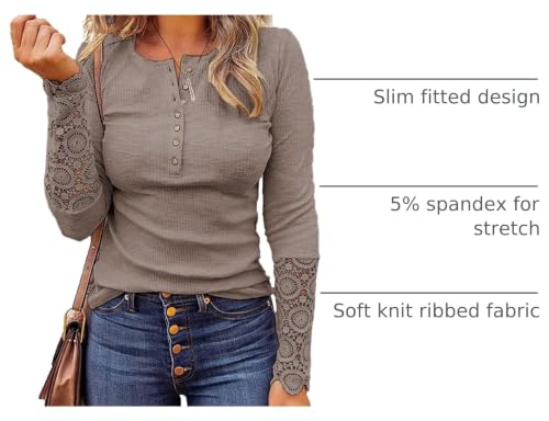 Image of Kancystore Women's Fall Long Sleeve Tops Lace V Neck Button Down Henley Shirts Tunic Blouses