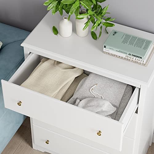 HOCSOK White Chest of Drawers, 4 Drawers Cabinet with Metal Handles and Runners, Wooden Storage Drawer Unit for Bedroom, 74x40x94cm