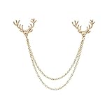 AOCHEE Fashion Deer Head Elk Tips Double Chains Tassels Collar Pins Brooch Shirt Neck Jewelry (Gold)