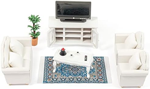 SAMCAMI Miniature Dollhouse Furniture 1 12 Scale - Wooden Dollhouse Furniture Set for Dollhouse Living Room - Doll House Furniture Incl Sofa, TV Cabinet, Coffee Table and Other Accessories (White)