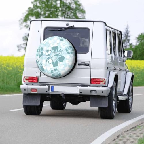 Image of Hibiscus Spare Tire Cover 15 inch for RV Trailer Hawaii Flower Floral Light Green and White Wheel Protectors Weatherproof Polyester Tire Case for All Cars SUV Camper Travel