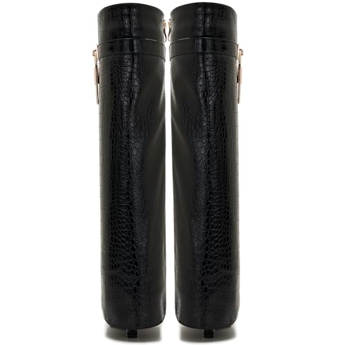 Image of Fold Over Boots for Women Pointy Pull-on Wedge Heel Knee Shark Boot With Side Zipper Padlock Design