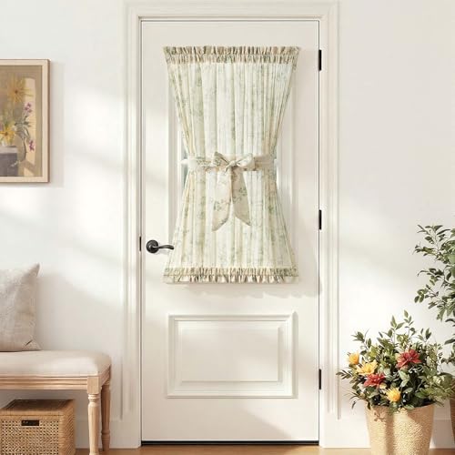 Image of jinchan Floral French Door Curtain Panel Farmhouse Decor Light Filtering Linen with Tie Up Bow for Glass Door or Patio 40 Inch Length Rod Pocket 1 Panel Green on Linen