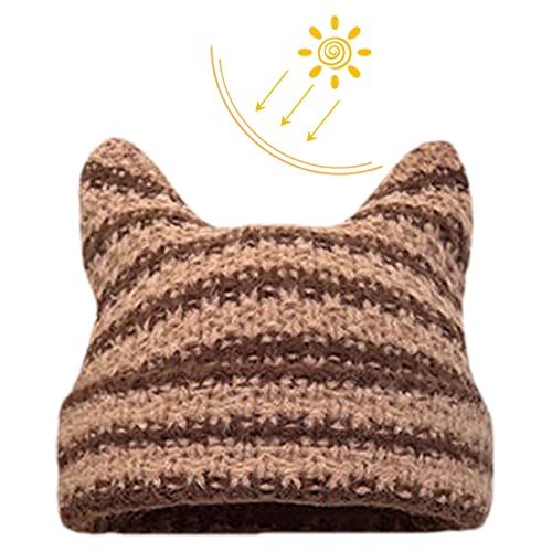 Katzenmütze für Erwachsene | Bequeme, weiche Katzenohr-Mützen, Beanie-Mützen für den Winter | Gestreifte gestrickte Mütze mit Katzenohren, süße Katze, gestrickte Mütze, Kätzchen-Mütze, Wintermütze mit Cover