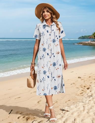 Image of HOTOUCH Womens Dress Summer Casual Midi Short Sleeve Button Down Shirt Dresses Loose Beach Cover Up with Pockets