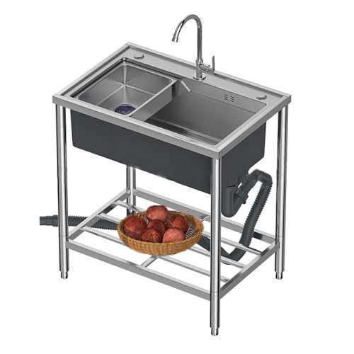 Fregadero Independiente de Acero Inoxidable, Lavabo Al Aire Libre con Grifo de Agua Fría y Caliente, Fregadero Comercial de Un Solo Tazón para Garaje, Taller, Lavandería, Campamento.