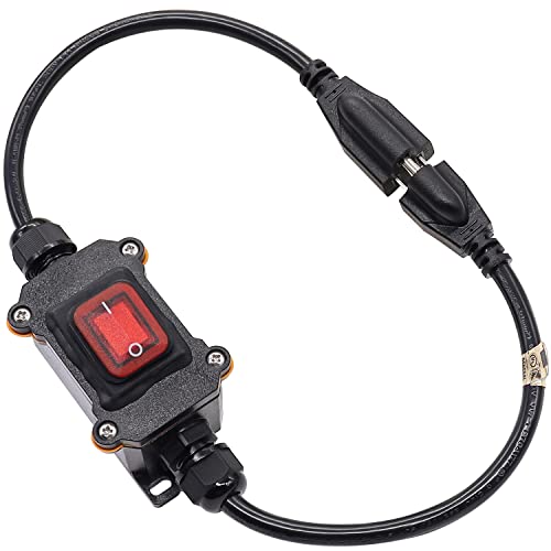 Hmknana IP67 Waterproof Outdoor 3 Prong Extension Cord with Inline Switch On/Off 16A/250V 20A/125V AC 16AWG 2FT Outlets Power Cords Heavy Duty Red LED Light Rocker Toggle Switch