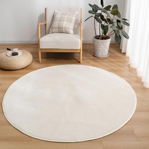 VK Living ラグ 円形 カーペット ラグマット 直径140cm 洗える 滑り止め付 防ダニ 抗菌防臭 1年中快適に使えるタイプ 掃除しやすい フランネル 絨毯 床暖房 ホットカーペット対応 可愛い 丸 お手入れ簡単 アイボリー VKJ142-140R-IV - VK Living - 商品画像